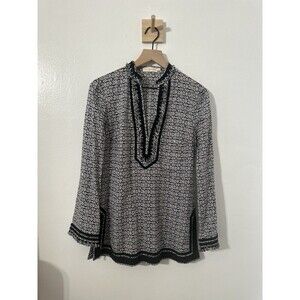 Tory Burch Women’s Tunic Top Black White Printed Blouse Fringe Hem V-Neck LS 4